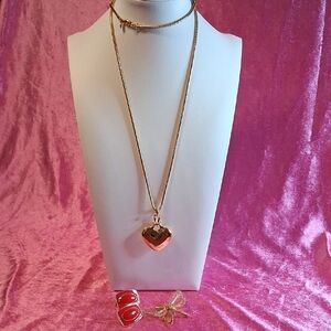All Signed Monet Gold Heart Pendant Necklace, Red Earrings, Butterfly Brooch